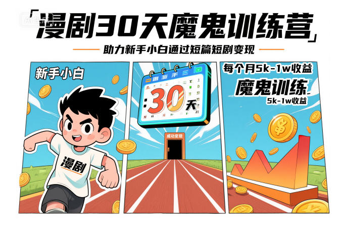 漫剧30天魔鬼训练营，助力新手小白通过短篇短剧变现，每个月5k-1w收益-知芽创业社