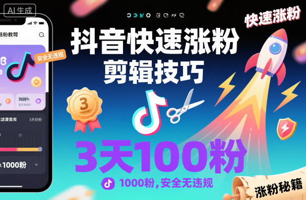 抖音快速涨粉剪辑技巧，3天1000粉，安全无违规-知芽创业社