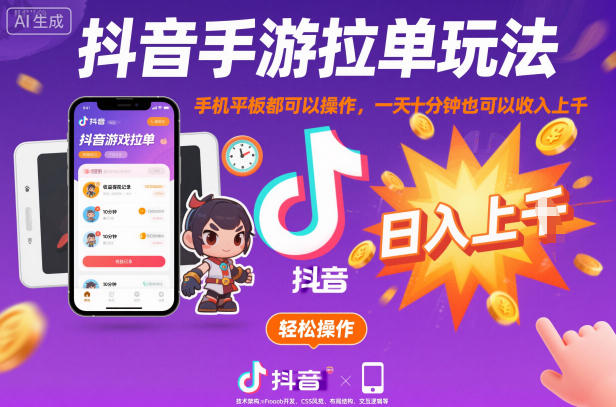 抖音手游拉单玩法，手机平板都可以操作，一天十分钟也可以收入上K【揭秘】-知芽创业社