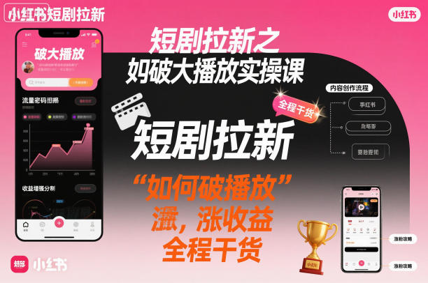 短剧拉新之小红书如何破大播放实操课，如何破播放，涨收益，全程干货-知芽创业社