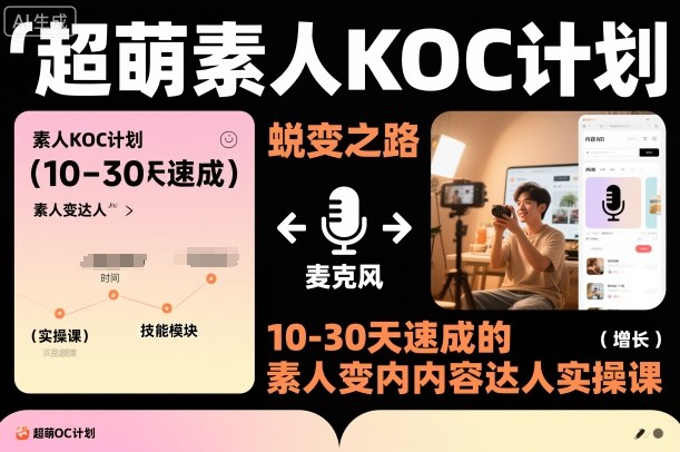 超萌素人KOC计划，10-30天速成的素人变内容达人实操课，适合想做短剧小说推文电商推广的素人入局-知芽创业社