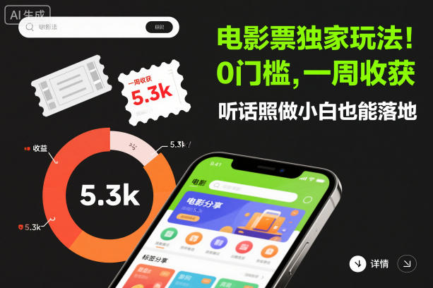 电影票独家玩法！0门槛，一周收获5.3k，听话照做小白也能落地【揭秘】-知芽创业社