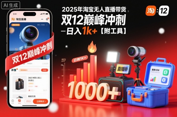 2025年淘宝无人直播带货，冲刺双12，日入1k+【附工具】【揭秘】-知芽创业社