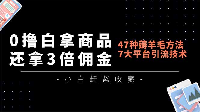 0撸白拿商品，还拿3倍佣金，47种薅羊毛方法，7大平台全方位引流技术教学，精专月入过万-知芽创业社
