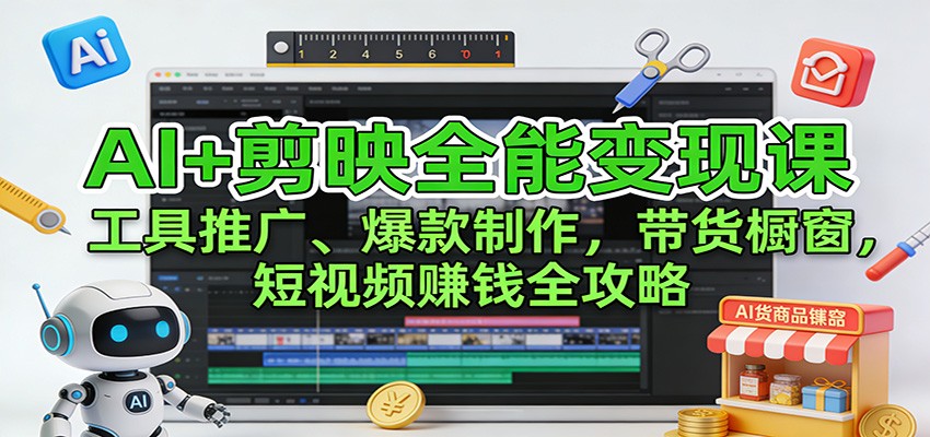 AI+剪映全能变现课：工具推广、爆款制作、带货橱窗，短视频赚钱全攻略-知芽创业社