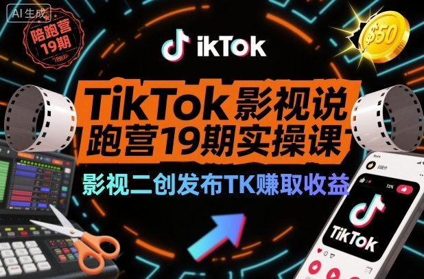 TikTok影视解说陪跑营19期实操课，影视二创发布TK賺取收益，万播收益50美金(更新)-知芽创业社