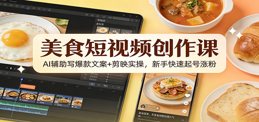 美食短视频创作课：AI辅助写爆款文案+剪映实操，新手快速起号涨粉-知芽创业社