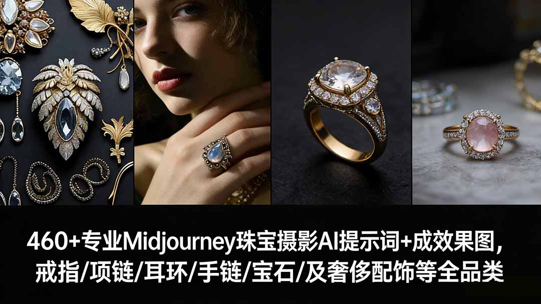 460+专业Midjourney珠宝摄影AI提示词+成效果图，戒指/项链/耳环/手链/宝石/及奢侈配饰等全品类-知芽创业社