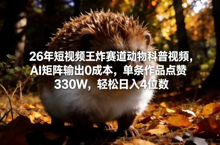 26年短视频王炸赛道动物科普视频，AI矩阵输出0成本，单条作品点赞330W，轻松日入4位数-知芽创业社