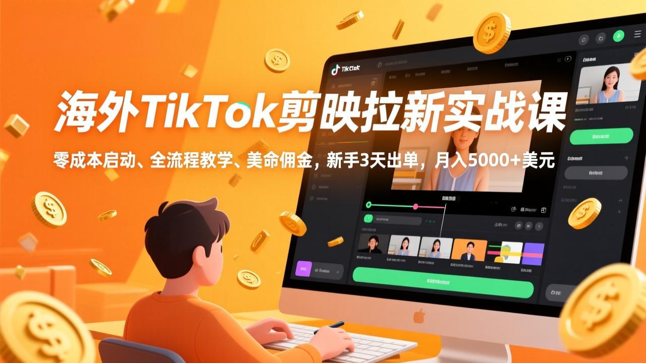 海外TikTok剪映拉新实战课，零成本启动、全流程教学、美金佣金，新手3天出单，月入5000+美元-知芽创业社