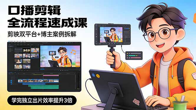 口播剪辑全流程速成课，剪映双平台+博主案例拆解，学完独立出片效率提升3倍-知芽创业社