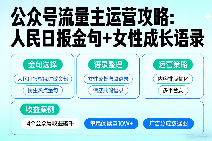 利用人民日报金句+女性成长语录做公众号流量主，4个公众号收益破千-知芽创业社