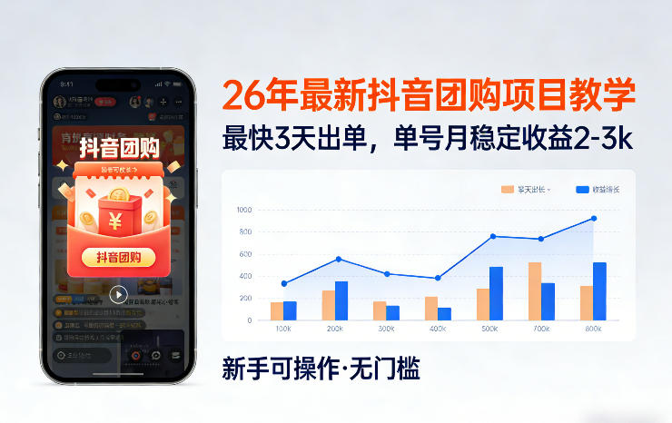 26年最新抖音团购项目教学，0门槛，最快3天出单，单号月稳定收益2-3k(更新3月11日)-知芽创业社