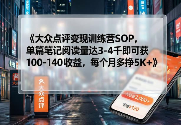 大众点评变现训练营SOP，单篇笔记阅读量达3-4千即可获100-140收益，每个月多挣5K+-知芽创业社