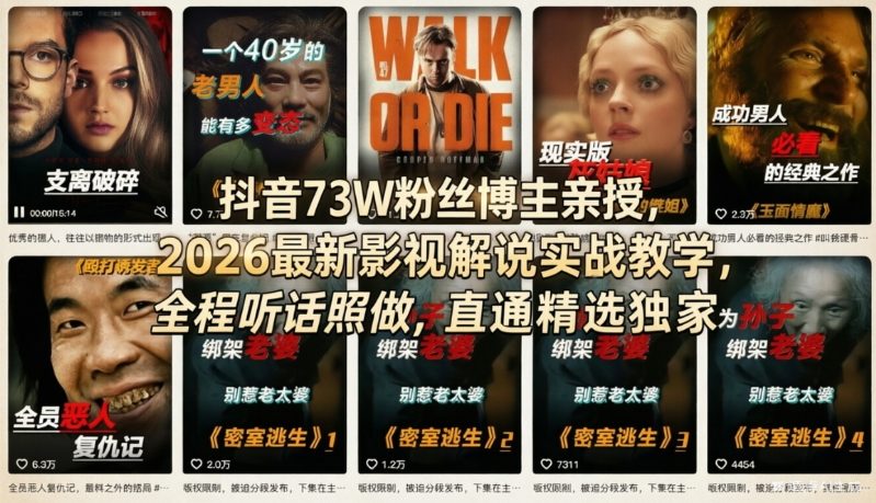 抖音73W粉丝博主亲授，2026最新影视解说实战教学，全程听话照做，直通精选独家-知芽创业社