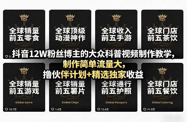 抖音12W粉丝博主的大众科普视频制作教学，制作简单流量大，撸伙伴计划+精选独家收益-知芽创业社