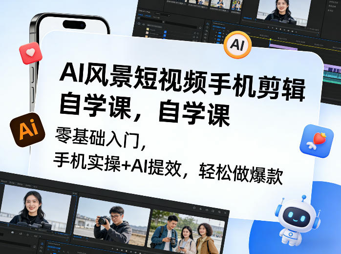 AI风景短视频手机剪辑自学课，零基础入门，手机实操+AI提效，轻松做爆款-知芽创业社