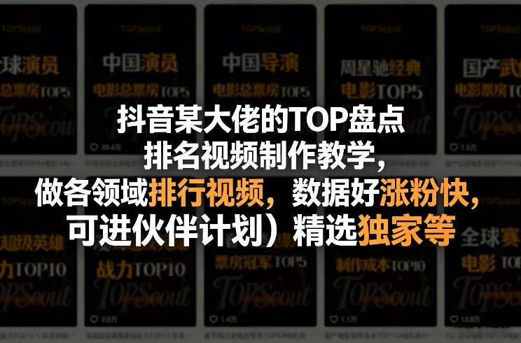 抖音某大佬的TOP盘点排名视频制作，做各领域排行视频，数据好涨粉快，可进伙伴计划＋精选独家等-知芽创业社
