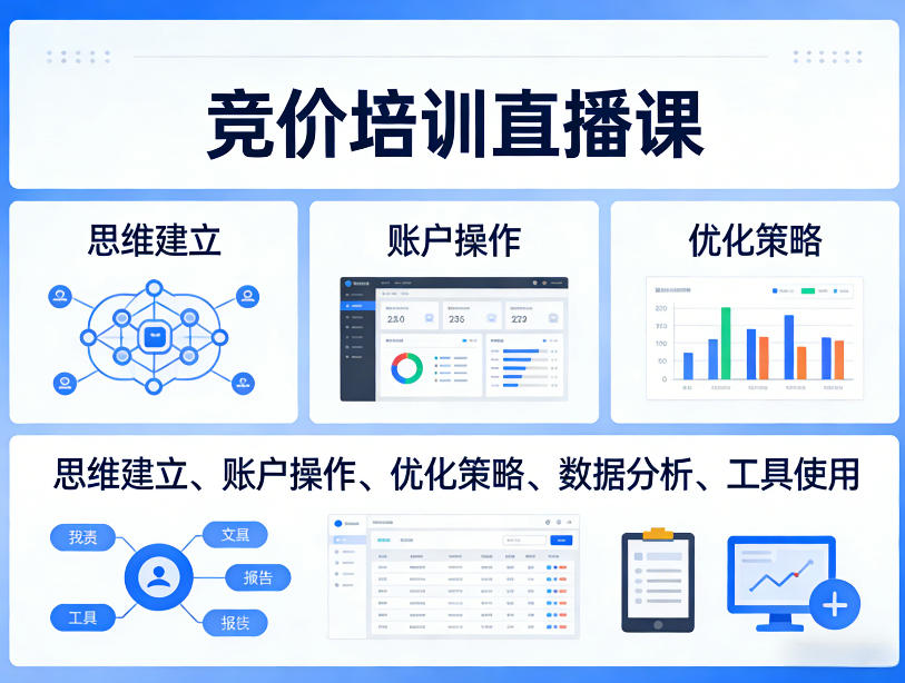 竞价培训直播课，覆盖思维建立、账户操作、优化策略、数据分析、工具使用等，全方位提升效果-知芽创业社