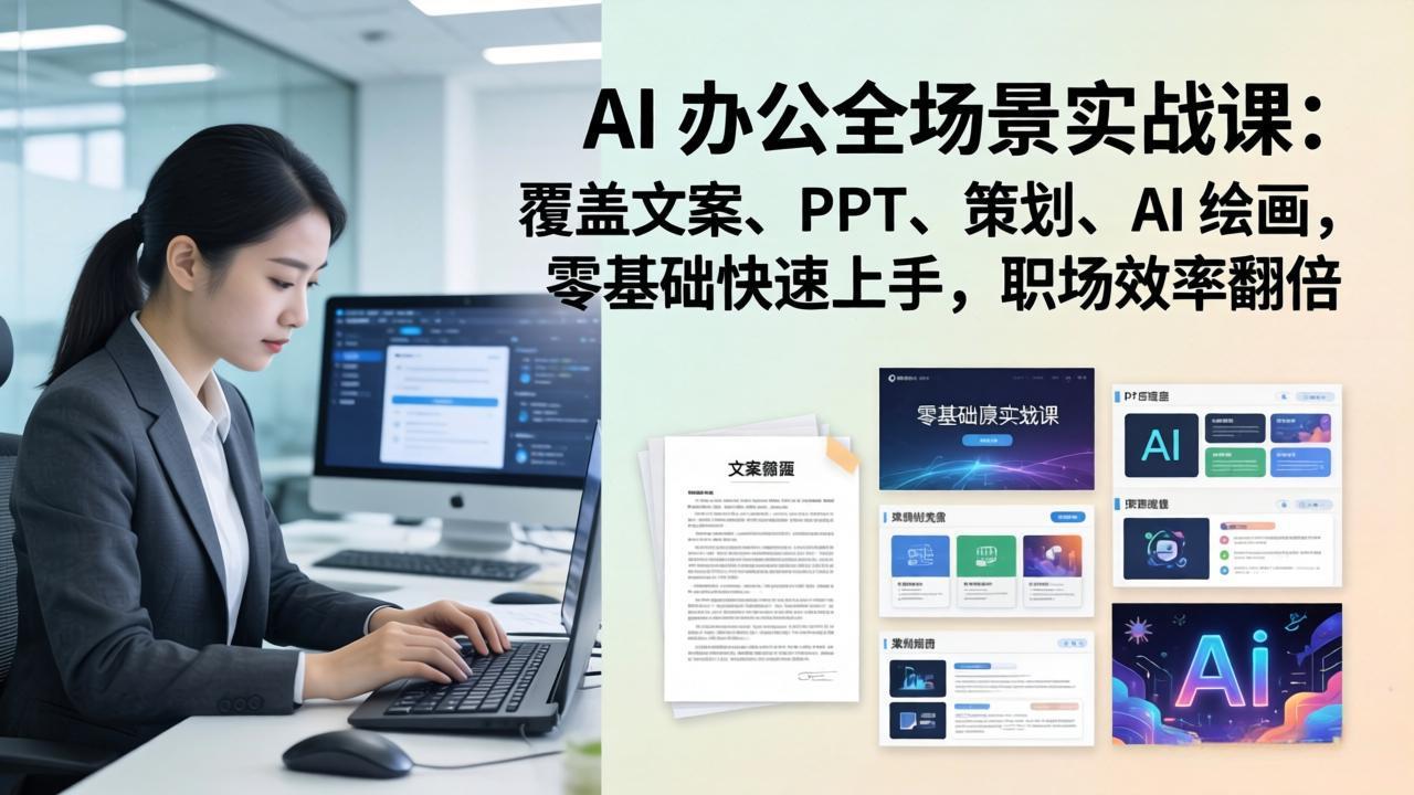 AI 办公全场景实战课：覆盖文案、PPT、策划、AI 绘画，零基础快速上手，职场效率翻倍-知芽创业社