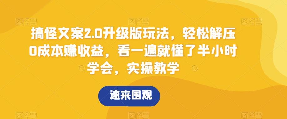 搞怪文案2.0升级版玩法，轻松解压0成本赚收益，看一遍就懂了半小时学会，实操教学【揭秘】-知芽创业社