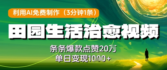 利用AI免费制作田园生活治愈视频，条条爆款点赞20W，单日变现几张-知芽创业社