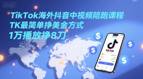 TikTok海外抖音中视频陪跑课程，TK最简单挣美金方式，1万播放挣8刀-知芽创业社