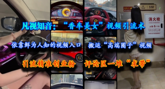 凡视知音：“香车美女”视频引流术，依靠鲜为人知的视频入口，搬运“高端圈子”视频，引流精准创业粉，评论区一堆“求带”-知芽创业社