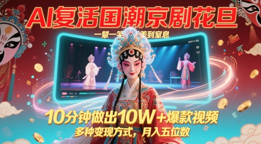 AI复活国潮京剧花旦，一颦一笑美到窒息，10分钟做出10W+爆款视频，多种变现方式，月入五位数-知芽创业社