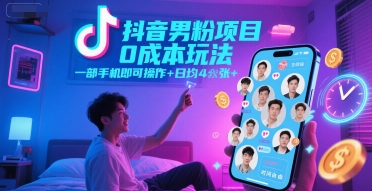 抖音男粉项目0成本玩法，一部手机即可操作，日均4张+，时间自由-知芽创业社