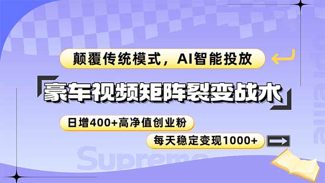 豪车视频矩阵裂变战术，颠覆传统模式，AI智能投放，日增400+高净值创业...-知芽创业社