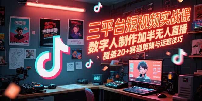 三平台短视频实战课，数字人制作加半无人直播，覆盖20+赛道剪辑与运营技巧-知芽创业社