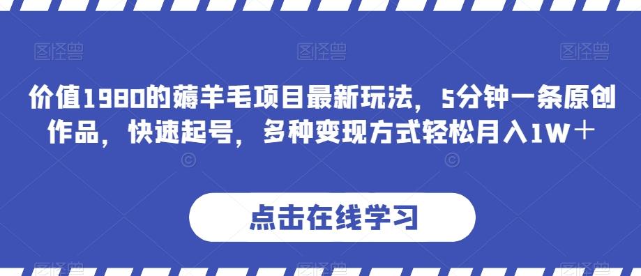 价值1980的薅羊毛项目最新玩法，5分钟一条原创作品，快速起号，多种变现方式轻松月入1W＋【揭秘】-知芽创业社
