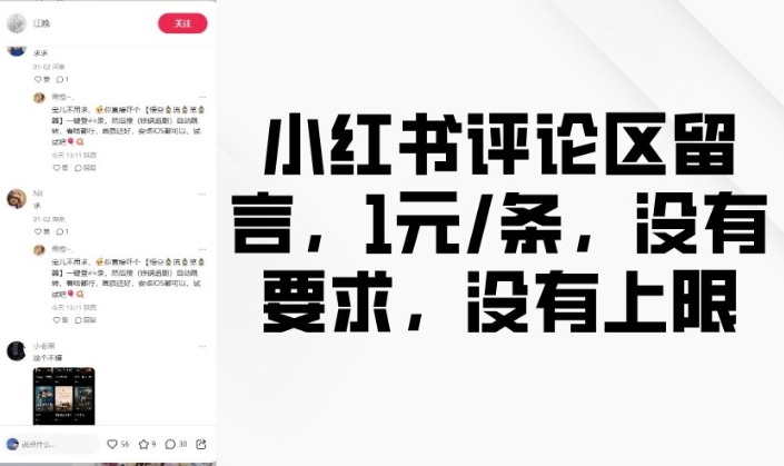 小红书评论区留言，1元条，没有要求，没有上限-知芽创业社