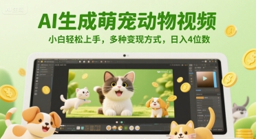 AI生成萌宠动物视频，小白轻松上手，多种变现方式，日入4位数-知芽创业社