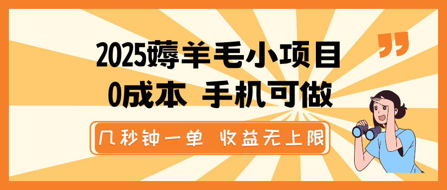 2025薅羊毛小项目，0成本 手机可做，几秒钟一单，收益无上限-知芽创业社