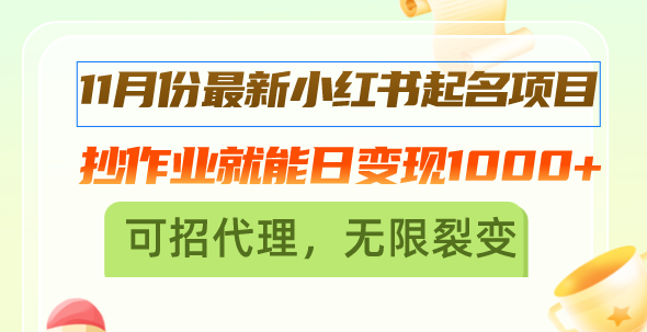 11月份最新小红书起名项目，抄作业就能日变现1000+，可招代理，无限裂变-知芽创业社