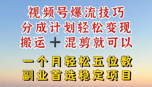 视频号爆流技巧，分成计划轻松变现，搬运 +混剪就可以，一个月轻松五位数稳定项目【揭秘】-知芽创业社