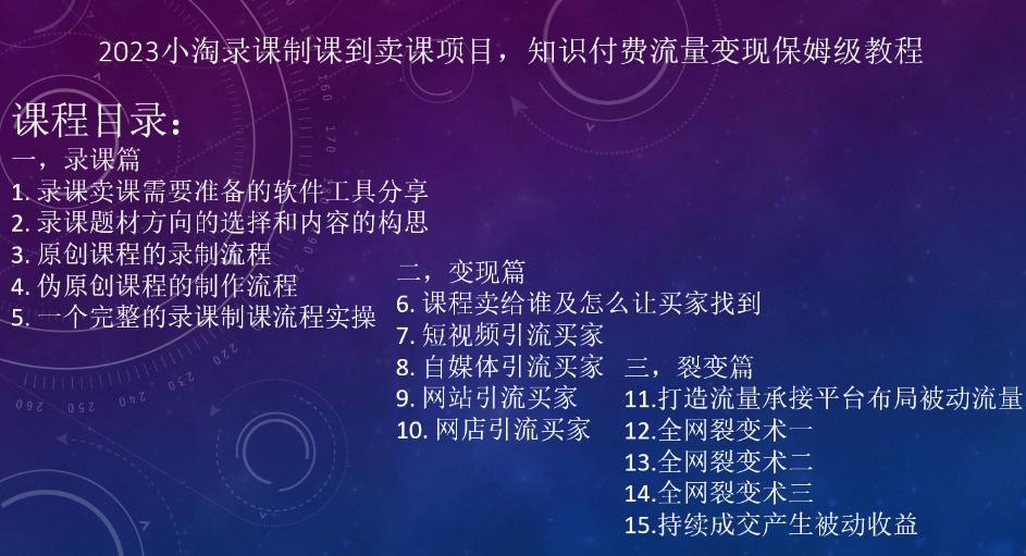 2023小淘录课制课到卖课项目，知识付费流量变现保姆级教程-知芽创业社